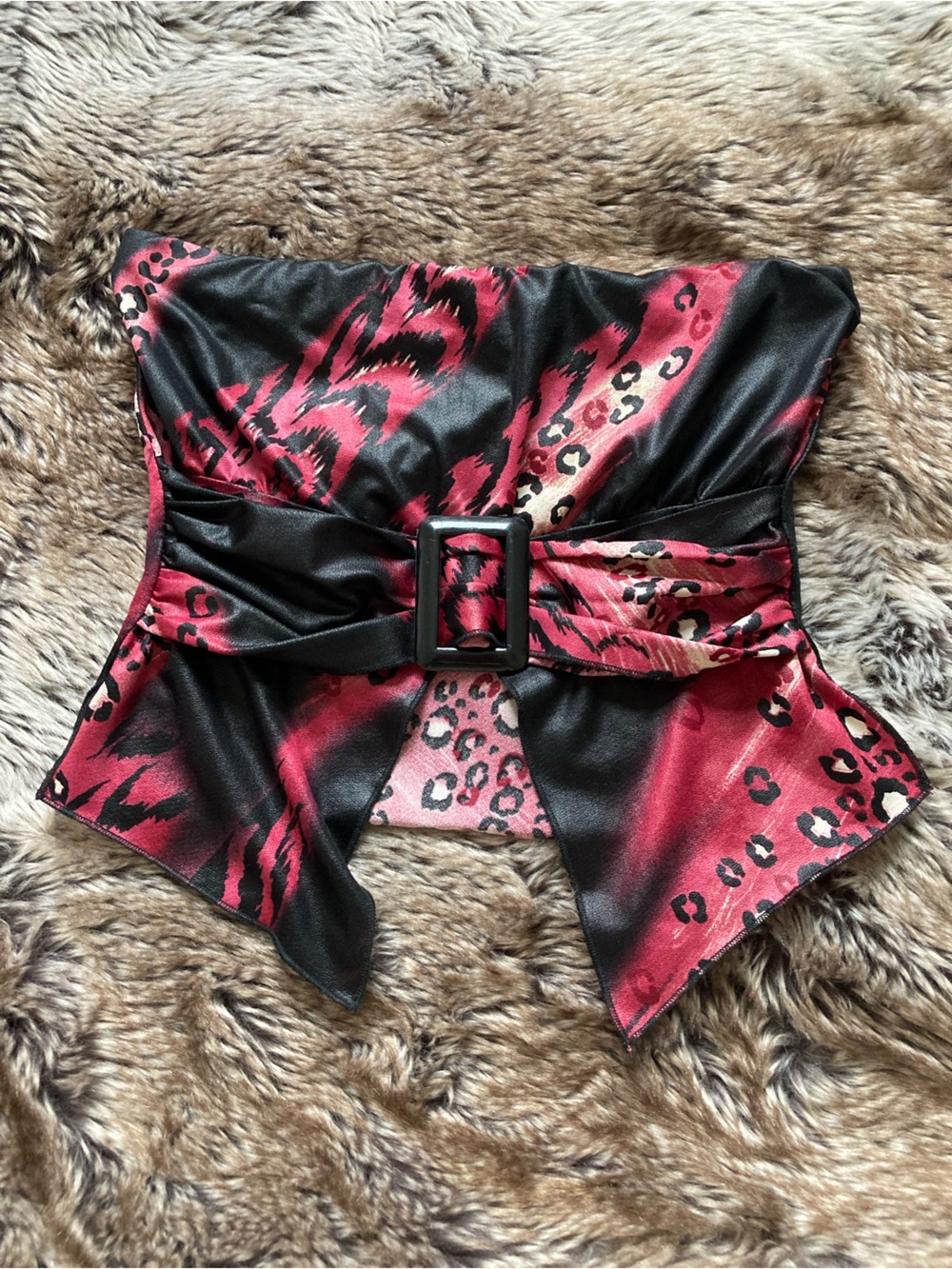 Pink and Black Leopard Print Tube Top With Buckle Detail